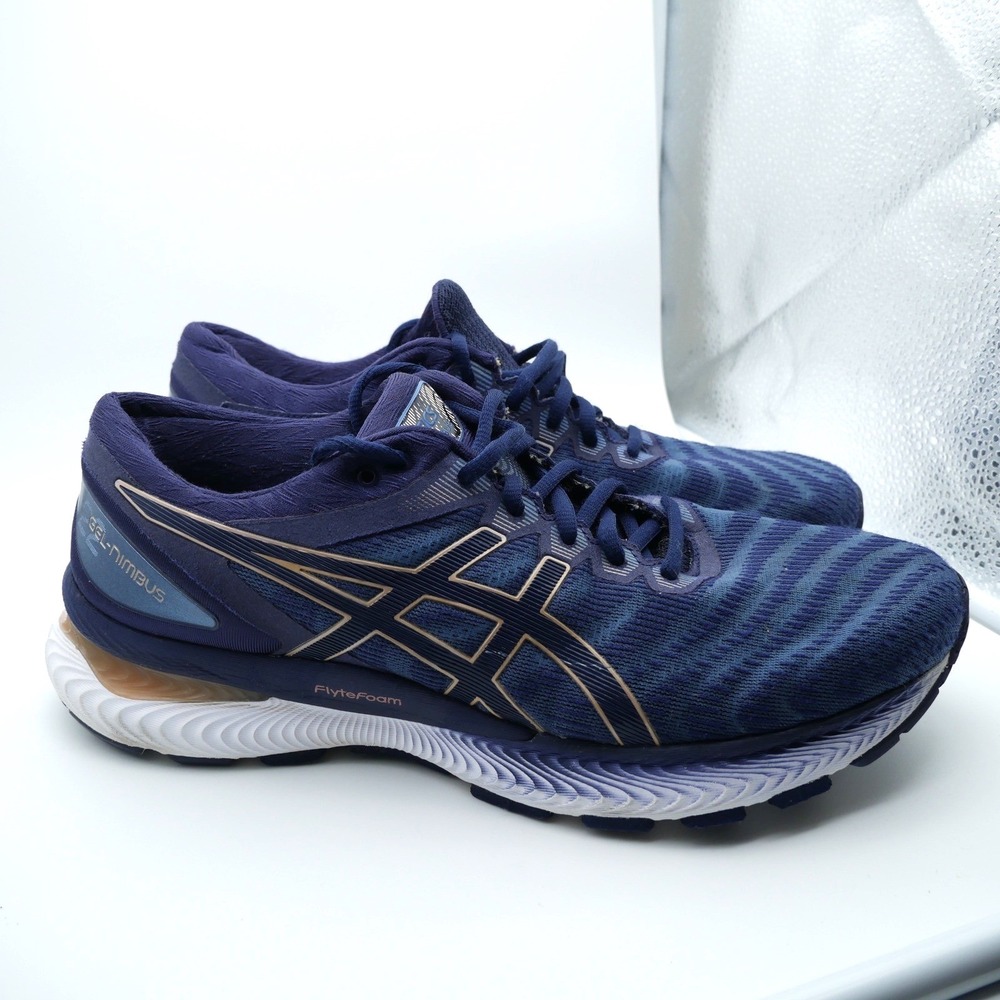 Asics Gel-Nimbus 22 Navy Blue Gold Running Shoes Womens 10 1012A587
